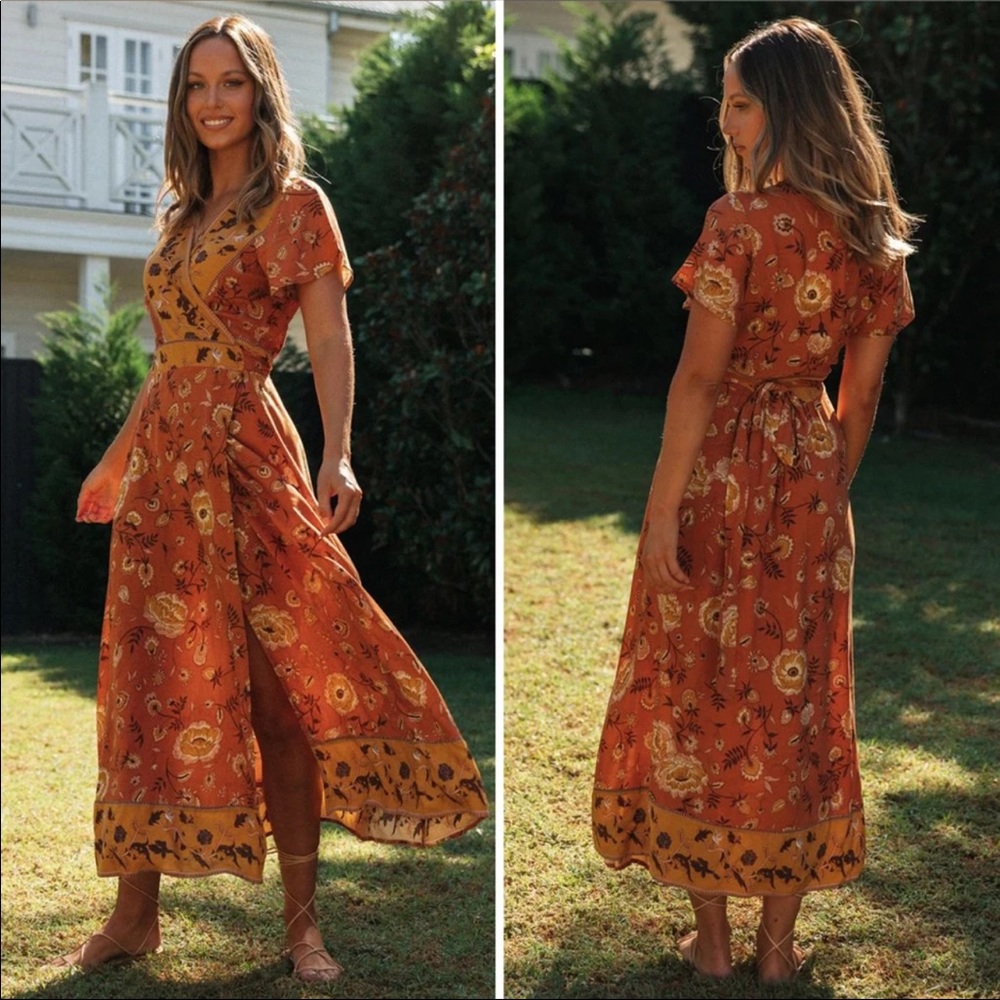 Boho Floral Gypsy Print Maxi Wrap Dress Yellow - Picture 2 of 5